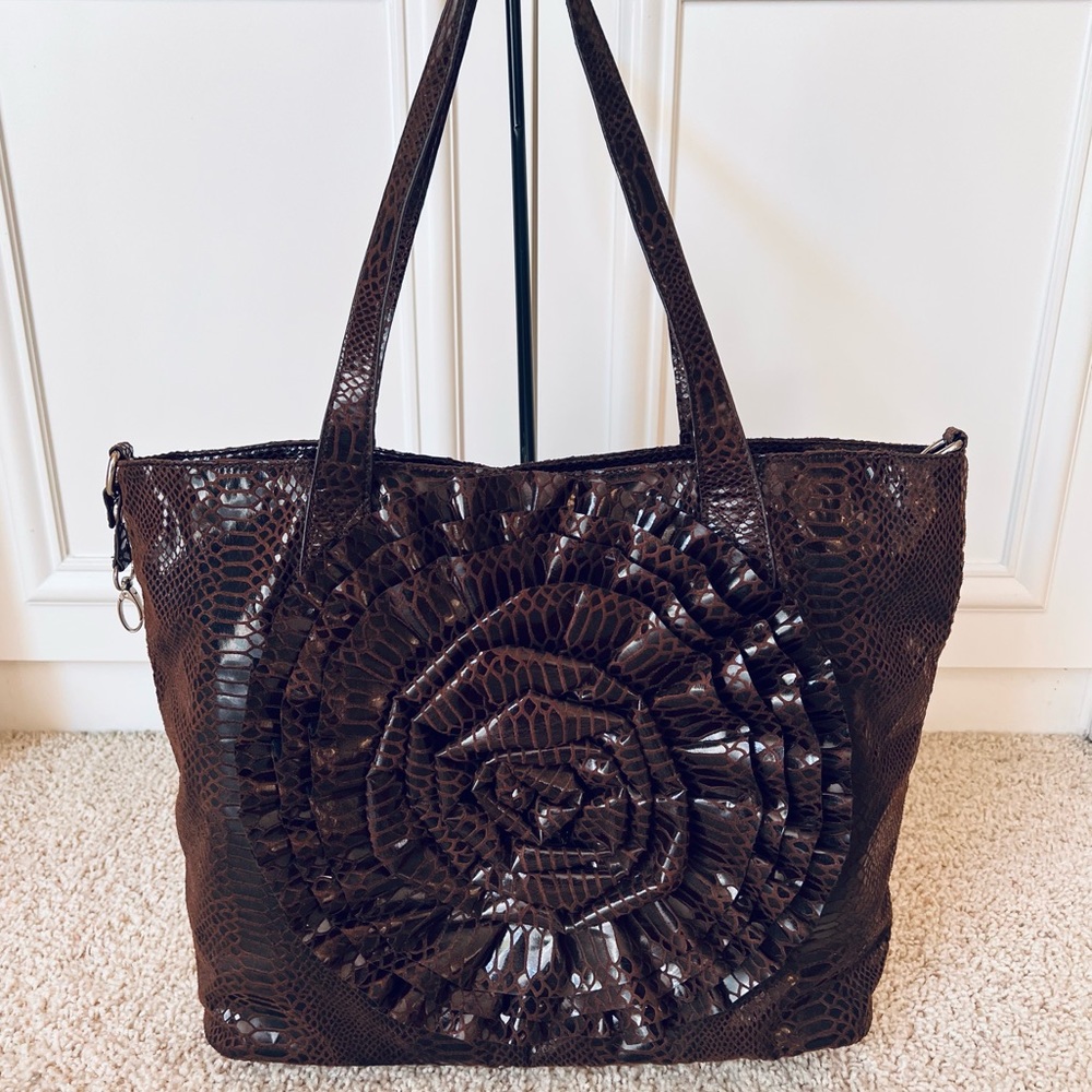 Faux Snake Embossed Rosette Large Tote